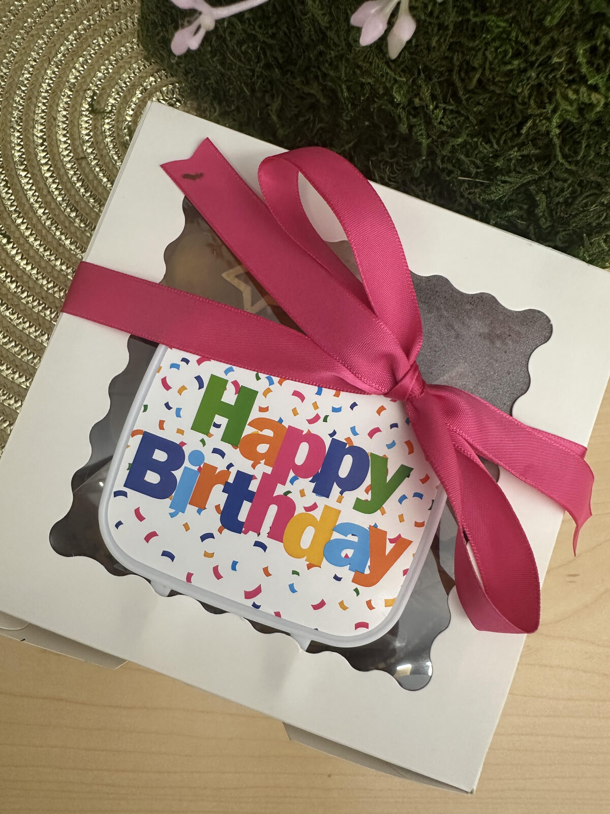 Birthday charcuterie gift box with pink ribbon
